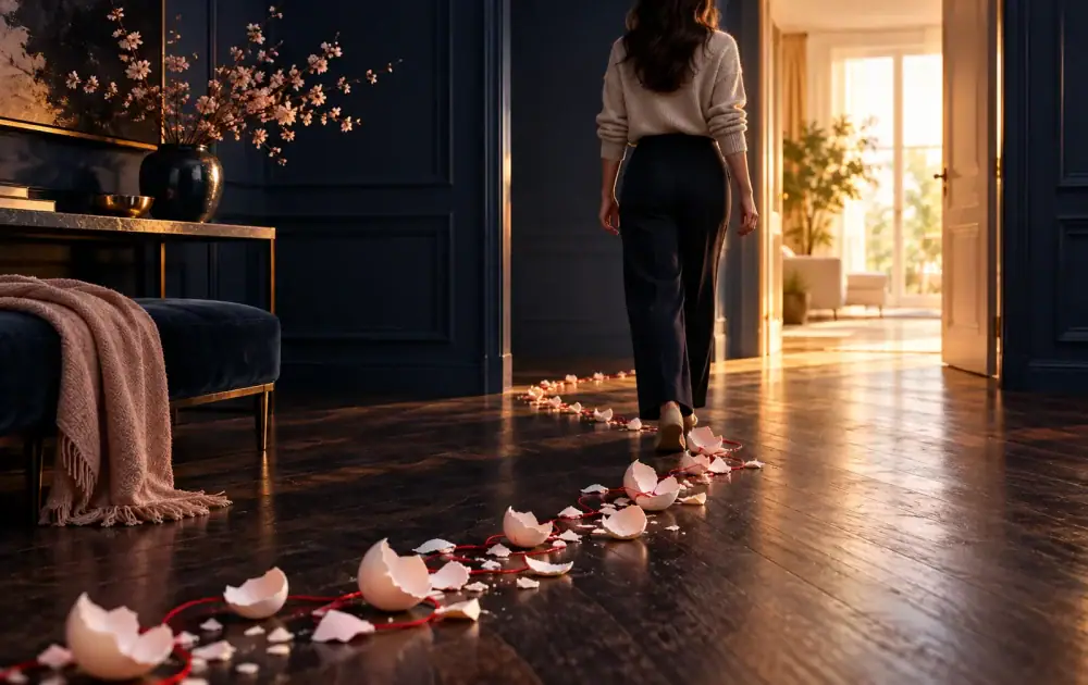 A woman follows eggshells and red thread toward an open doorway, symbolizing walking on eggshells in a new relationship.
